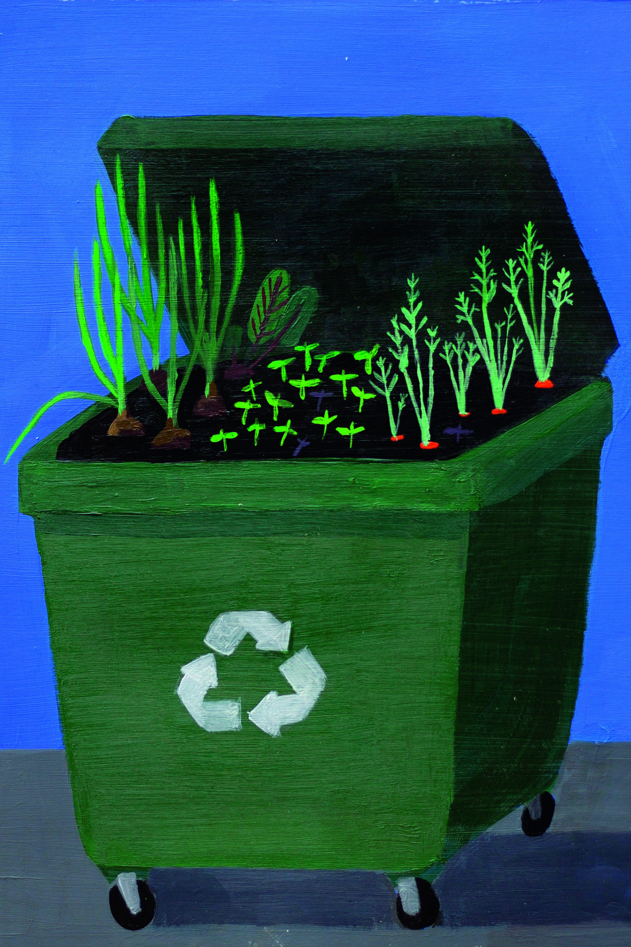 Illustration of plants growing in dustbin