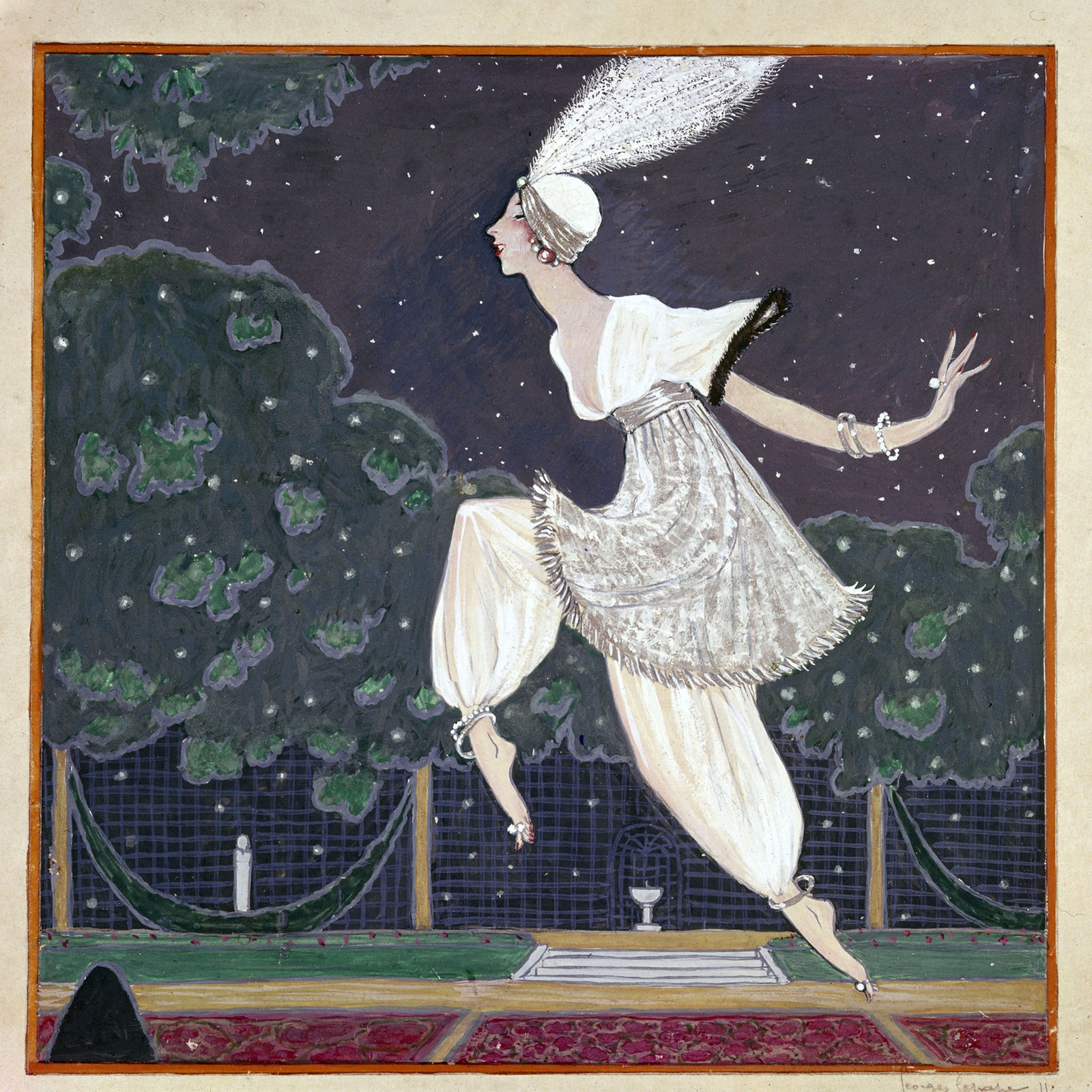 Иллюстрация художника Жоржа Лепапа на которой изображена жена Пуаре Дениза на вечеринке «Тысяча и одна ночь» 1911