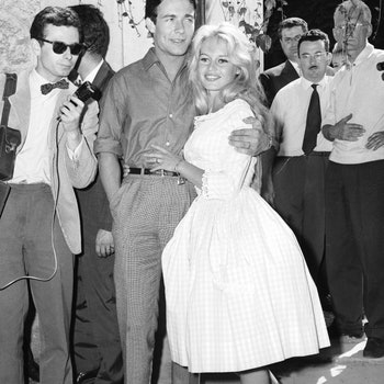 FRANCE  JUNE 18  In front of the BARDOT's family in Louveciennes . Brigitte BARDOT  and Jacques CHARRIER her partner in...