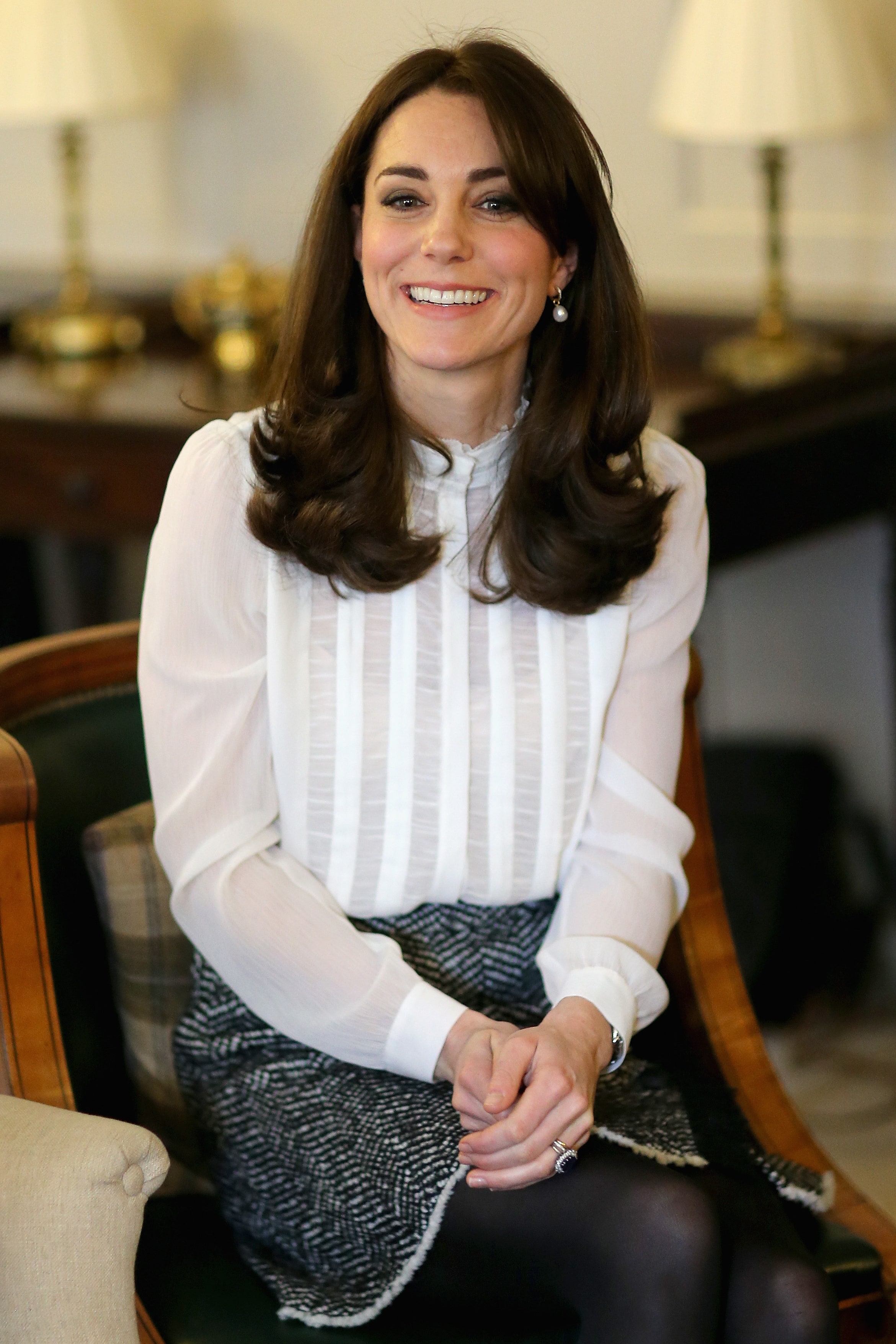 LONDON ENGLAND  FEBRUARY 17  Catherine Duchess of Cambridge talks to children from the 'Real Truth' video blog that...