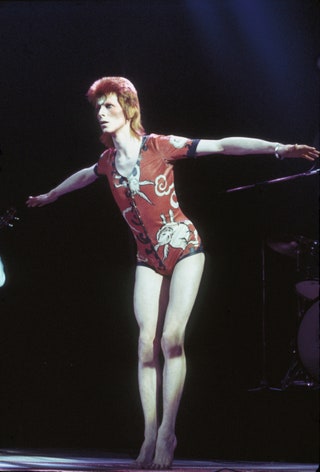 David Bowie performing as Ziggy Stardust in his 'woodland creatures' costume designed by Kansai Yamamoto.