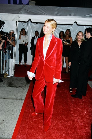 Image may contain Gwyneth Paltrow Human Person Fashion Premiere Red Carpet Red Carpet Premiere Suit and Coat