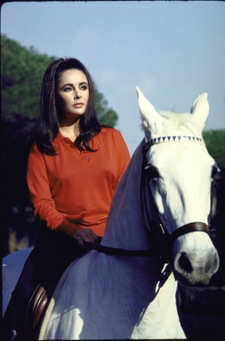 Актриса Элизабет Тейлор верхом на лошади во время съемок фильма «Блики в золотом глазу».