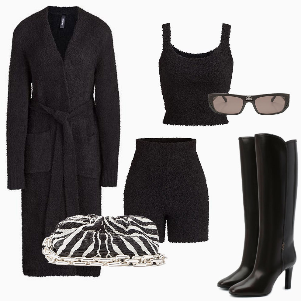 Халат Skims 128 skims.com сумка Bottega Veneta €2296 matchesfashion.com шорты Skims 58 skims.com топ Skims 52 skims.com...