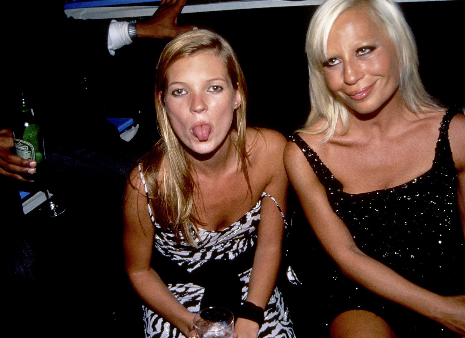 Image may contain Kate Moss Donatella Versace 90s style 90s party style supermodel style party style and fashion