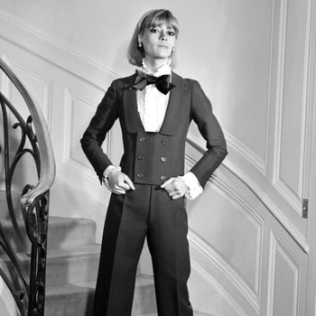 PARIS FRANCE  FEBRUARY 15  A model displays 15 February 1967 in Paris an alpaca dinner jacket spencer jabot blouse and...