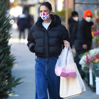 NEW YORK NY  DECEMBER 10  Actress Katie Holmes is seem outside cup cake shop in SoHo on December 10 2020 in New York City.