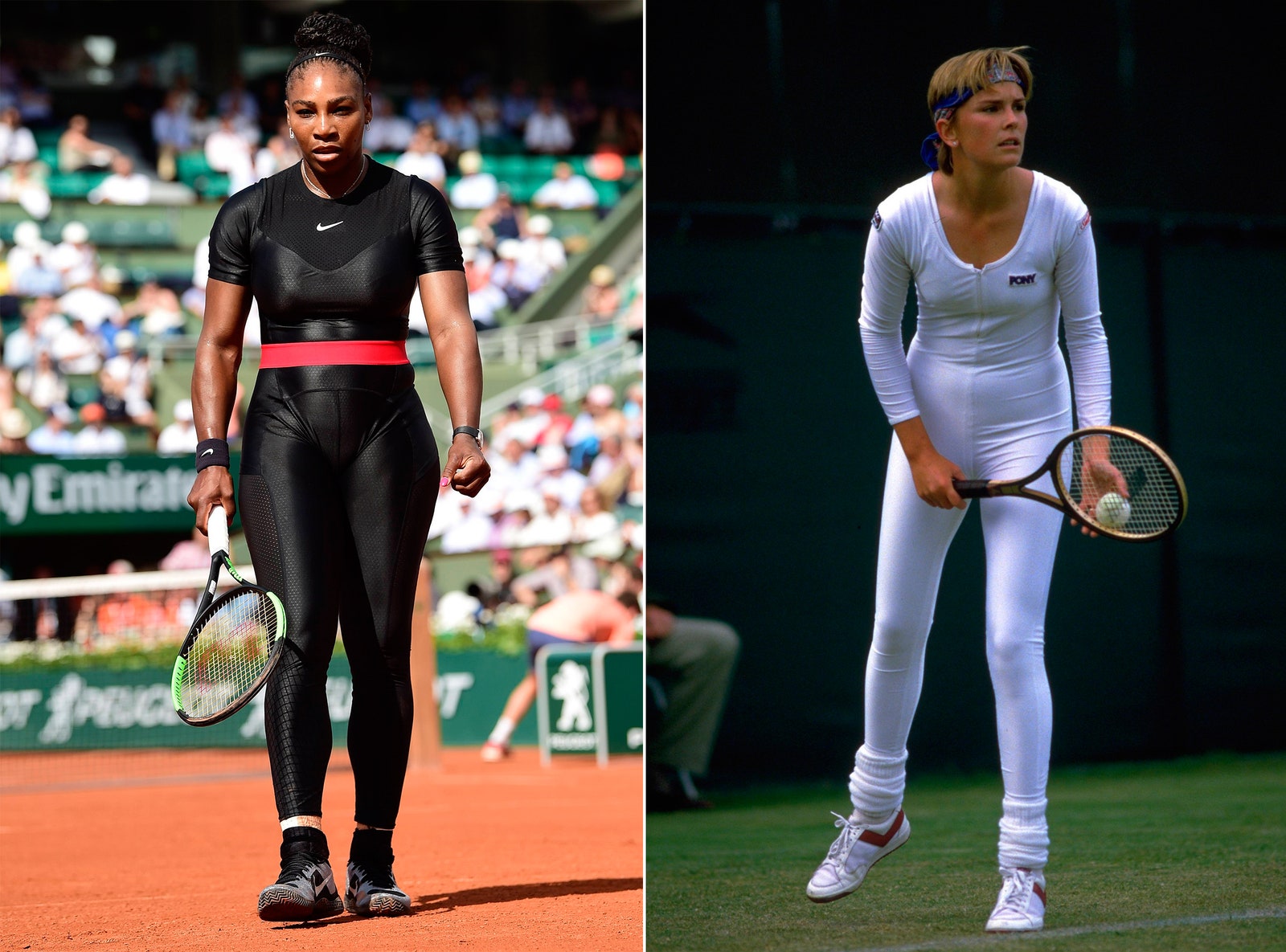 Serena Williams con un mono posparto en 2018 y Anne White con otro mono igual de polmico en 1985.