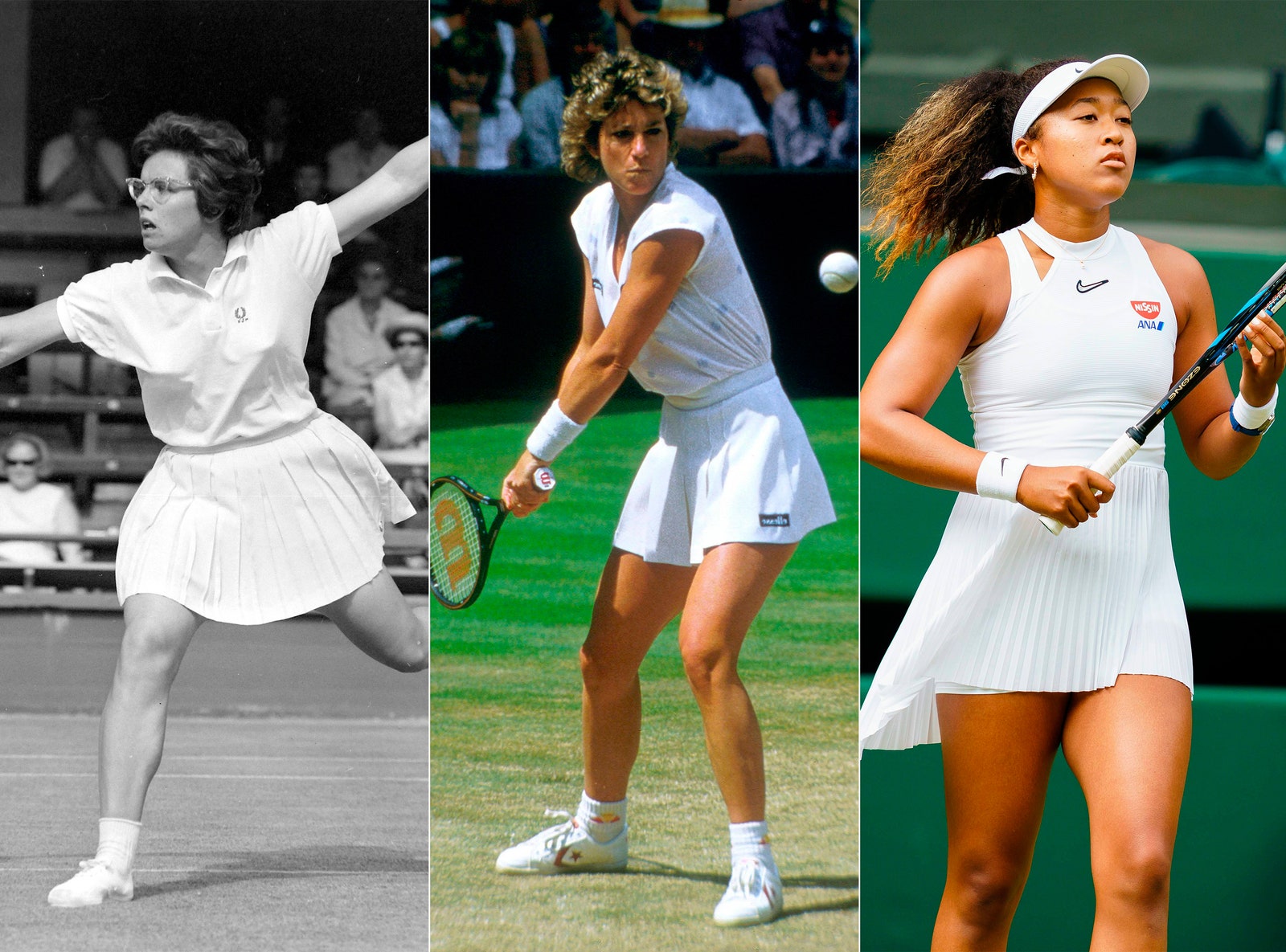 Billie Jean King Christ Evert Lloyd y Naomi Osaka en diferentes dcadas de Wimbledon pero siempre de blanco.