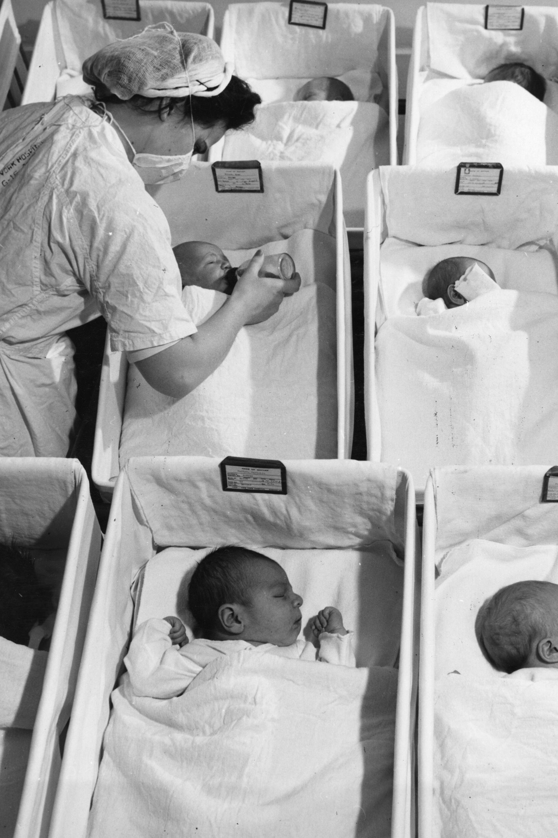 Rows of newly born babies in a maternity ward in a US hospital.