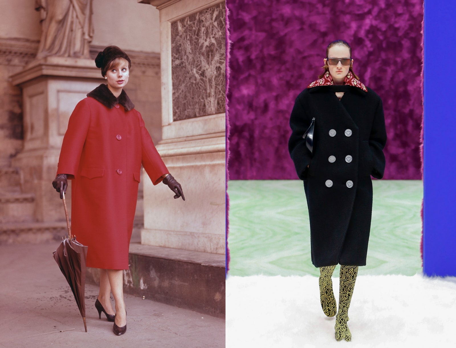 Слева пальто 1960х годов. Справа Prada осеньзима 2021
