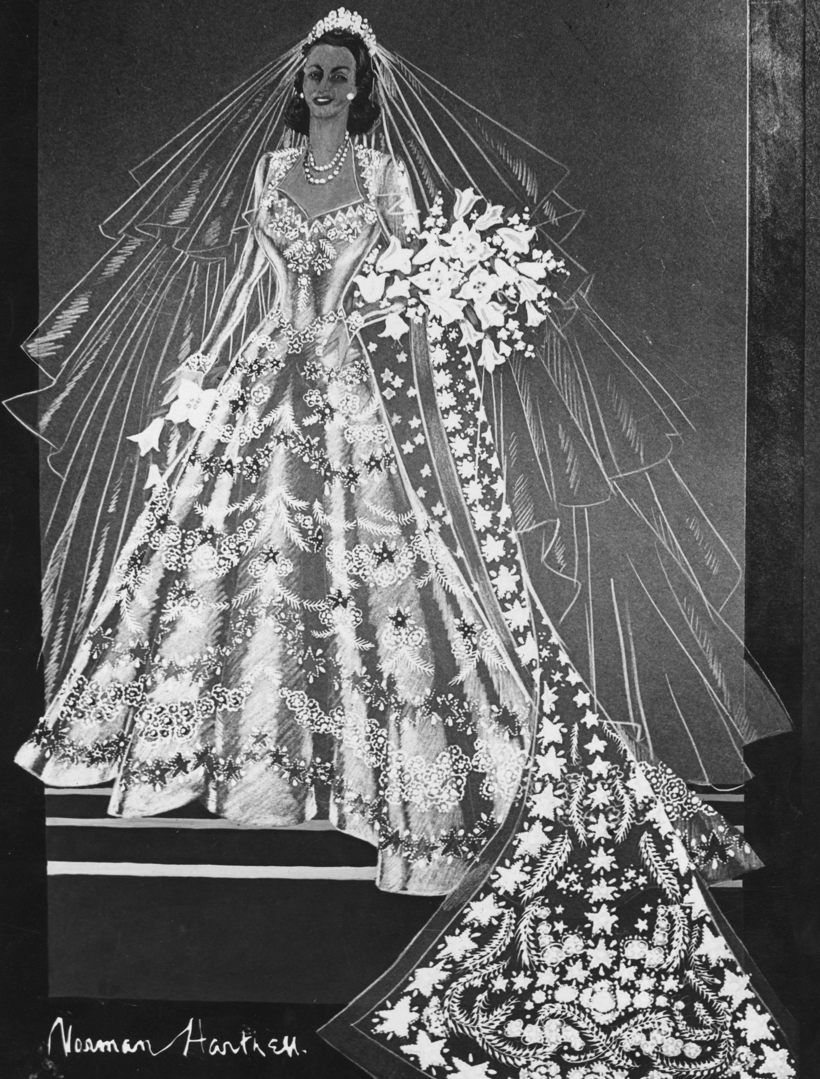 Норман Хартнелл. Эскиз свадебного платья принцессы Елизаветы 1947 год