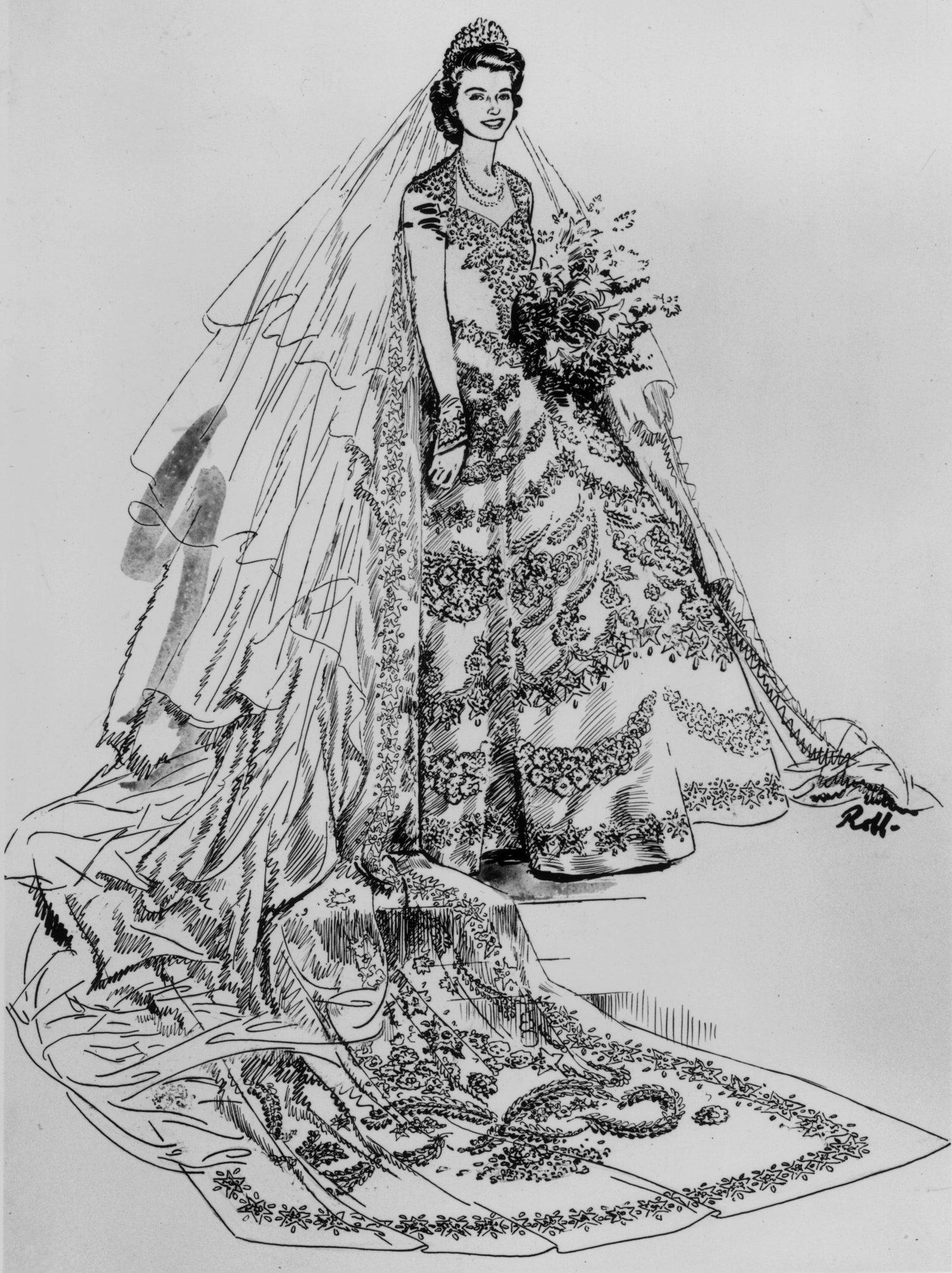 Рисунок свадебного платья принцессы Елизаветы 13 ноября 1947 года