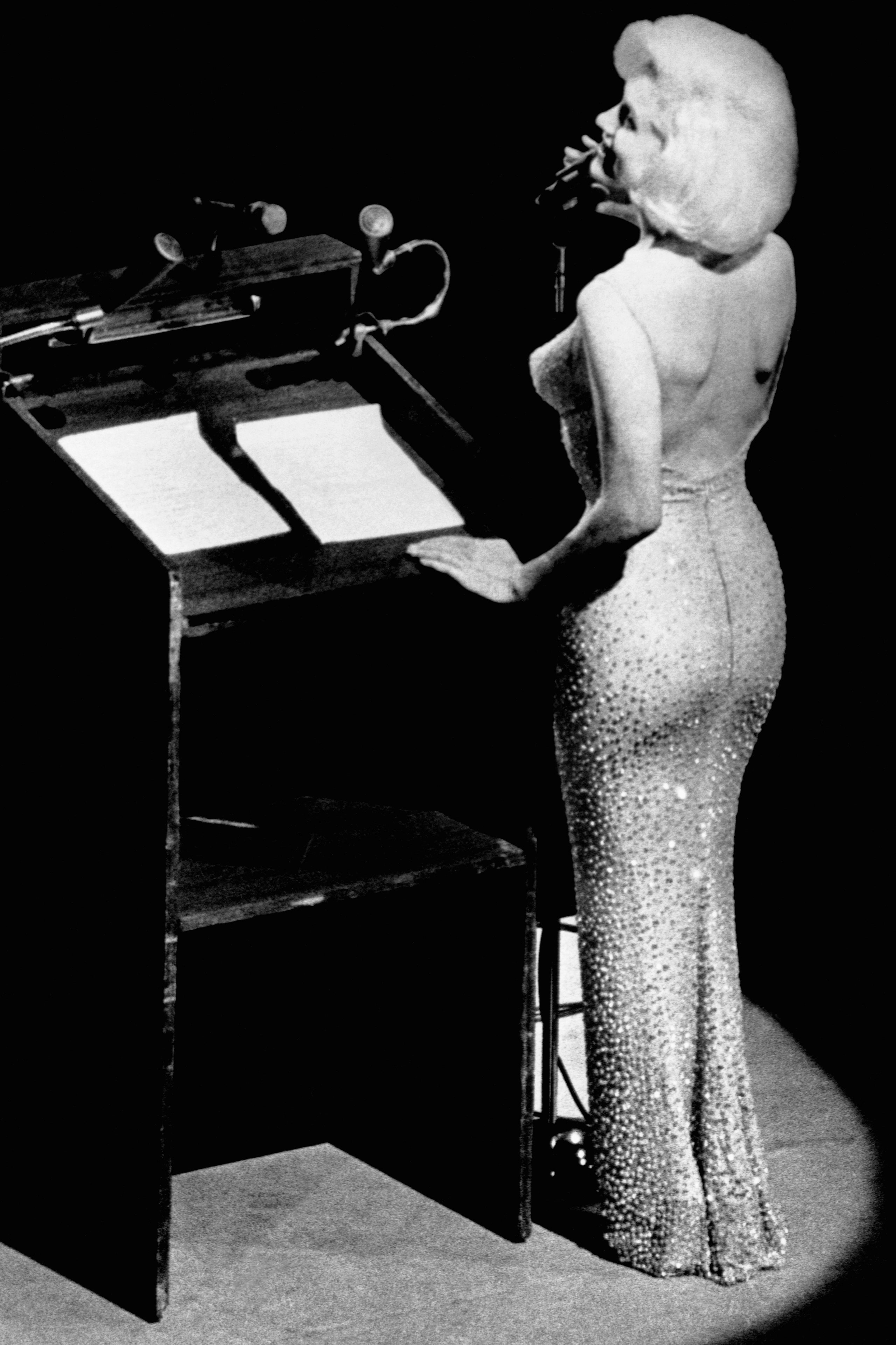 Actress Marilyn Monroe sings Happy Birthday to President John F. Kennedy at Madison Square Garden for his upcoming 45th...