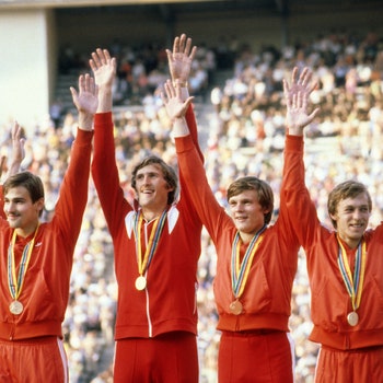 Moscow USSR. August 3 1980. Soviet athletes Andrey Prokofiev Nikolay Sidorov Vladimir Muravyov and Alexander Aksinin ...