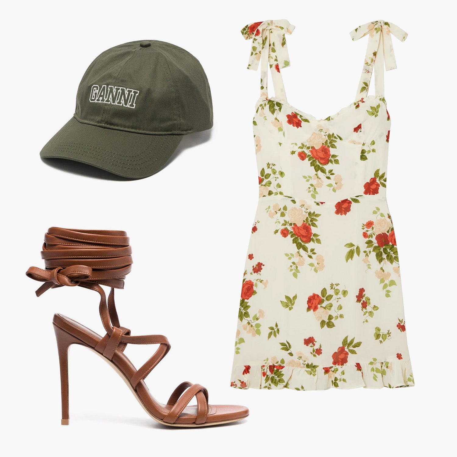Платье мини Reformation 18655 рублей netaporter.com босоножки Giuliano Galiano 27920 рублей farfetch.com кепка Ganni...