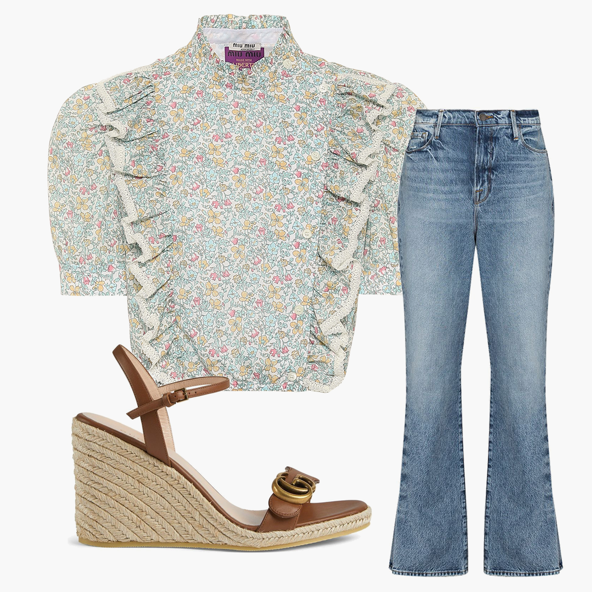 Блузка Miu Miu 58457 рублей mytheresa.com джинсы Frame 5876 рублей farfetch.com босоножки Gucci 53200 рублей farfetch.com