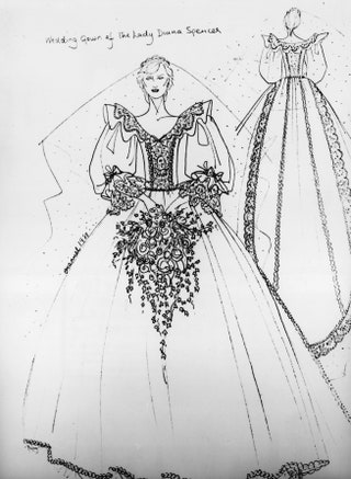 Le croquis de la robe de marie de Lady Diana cre par Elizabeth et David Emanuel.
