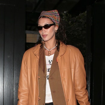LONDON ENGLAND  AUGUST 17  Bella Hadid seen on a night out with friends leaving Chiltern Firehouse on August 17 2021 in...