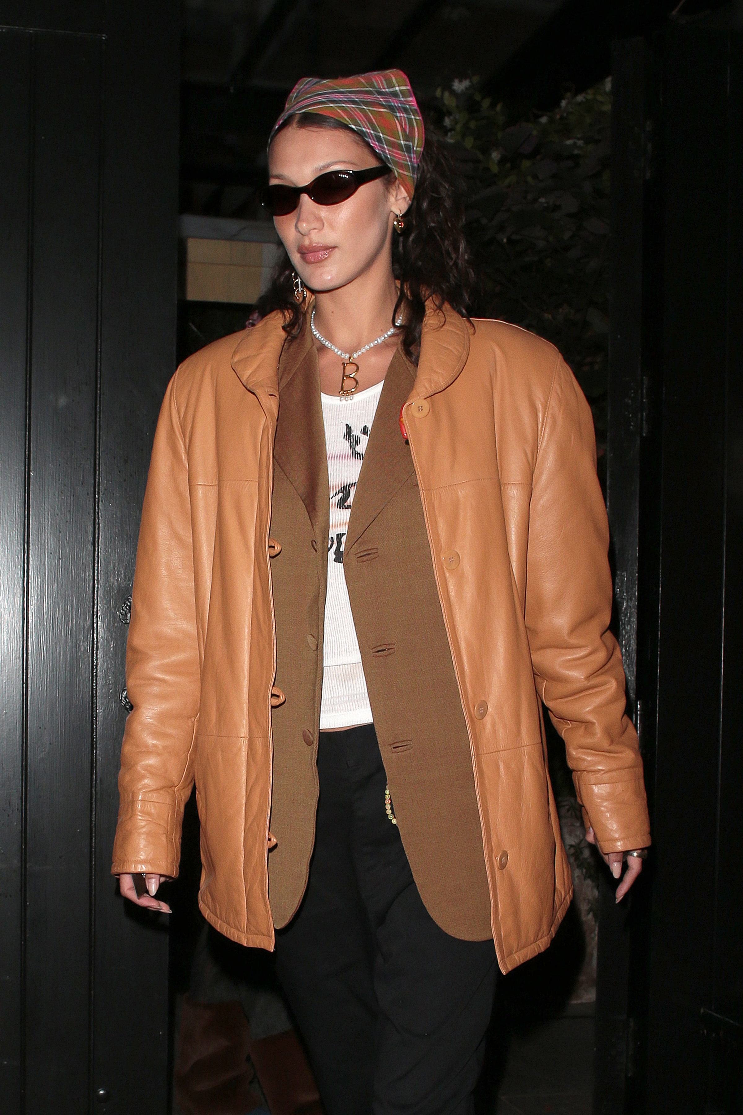 LONDON ENGLAND  AUGUST 17  Bella Hadid seen on a night out with friends leaving Chiltern Firehouse on August 17 2021 in...