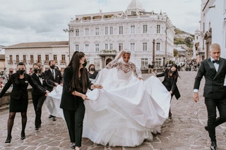 Image may contain Clothing Apparel Human Person Shoe Footwear Jasmine Tookes Fashion Robe Gown and Wedding