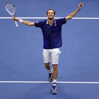 NEW YORK NEW YORK  SEPTEMBER 12 Daniil Medvedev of Russia celebrates defeating Novak Djokovic of Serbia to win their...