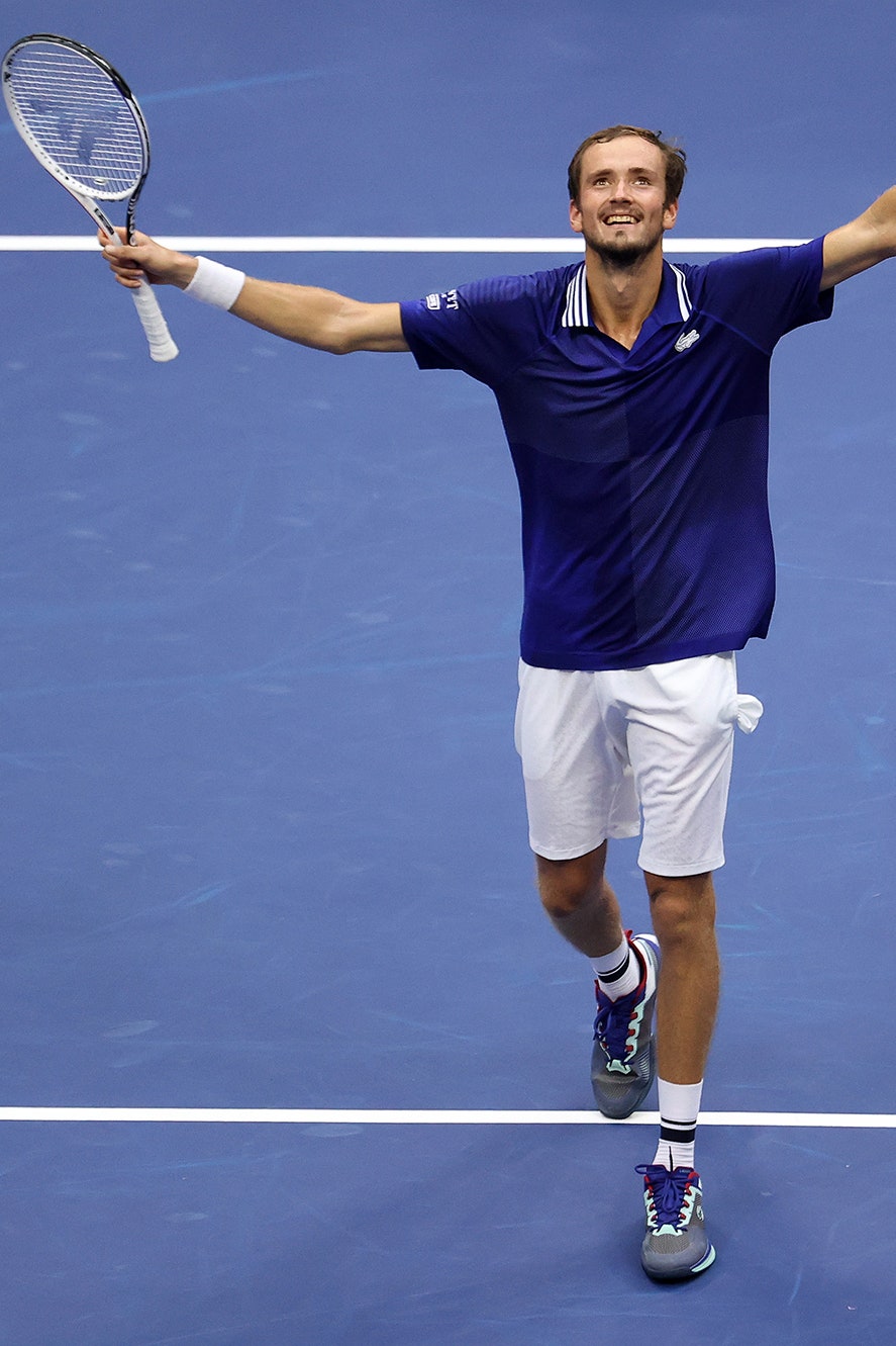 NEW YORK NEW YORK  SEPTEMBER 12 Daniil Medvedev of Russia celebrates defeating Novak Djokovic of Serbia to win their...