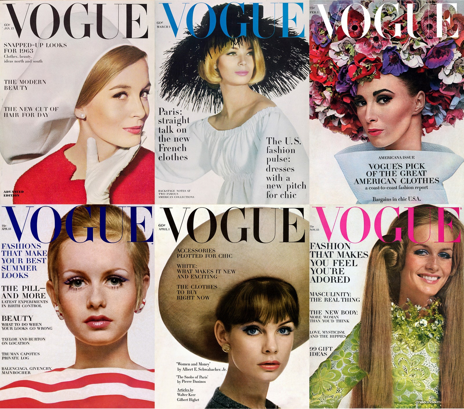 Слева направо сверху вниз. Номера Vogue US январь 1963 март 1963 февраль 1964 апрель 1967 апрель 1963 ноябрь 1967