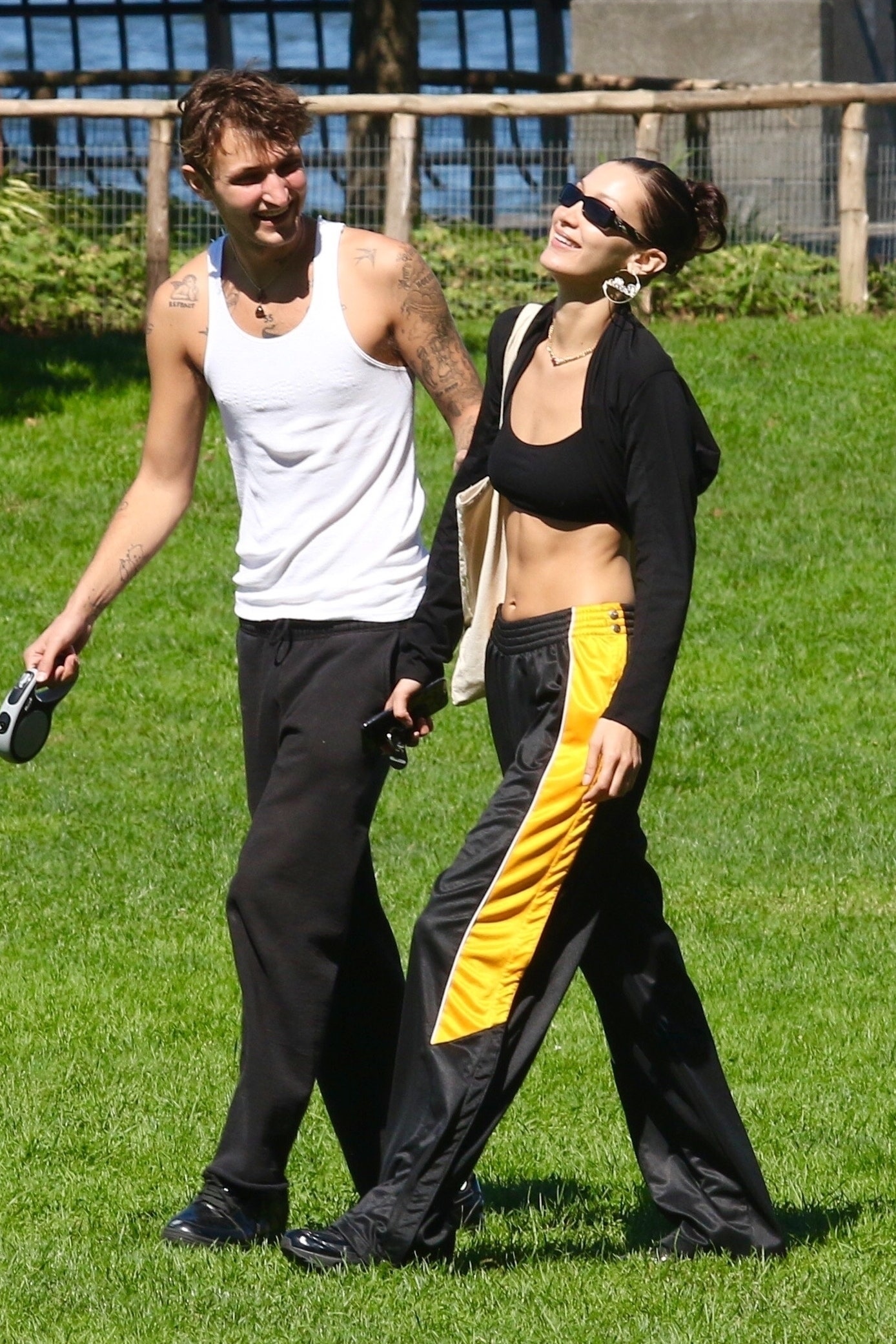 New York NY   EXCLUSIVE   Bella Hadid and brother Anwar spend a day in Manhattanâ€™s Battery Park while walking their...