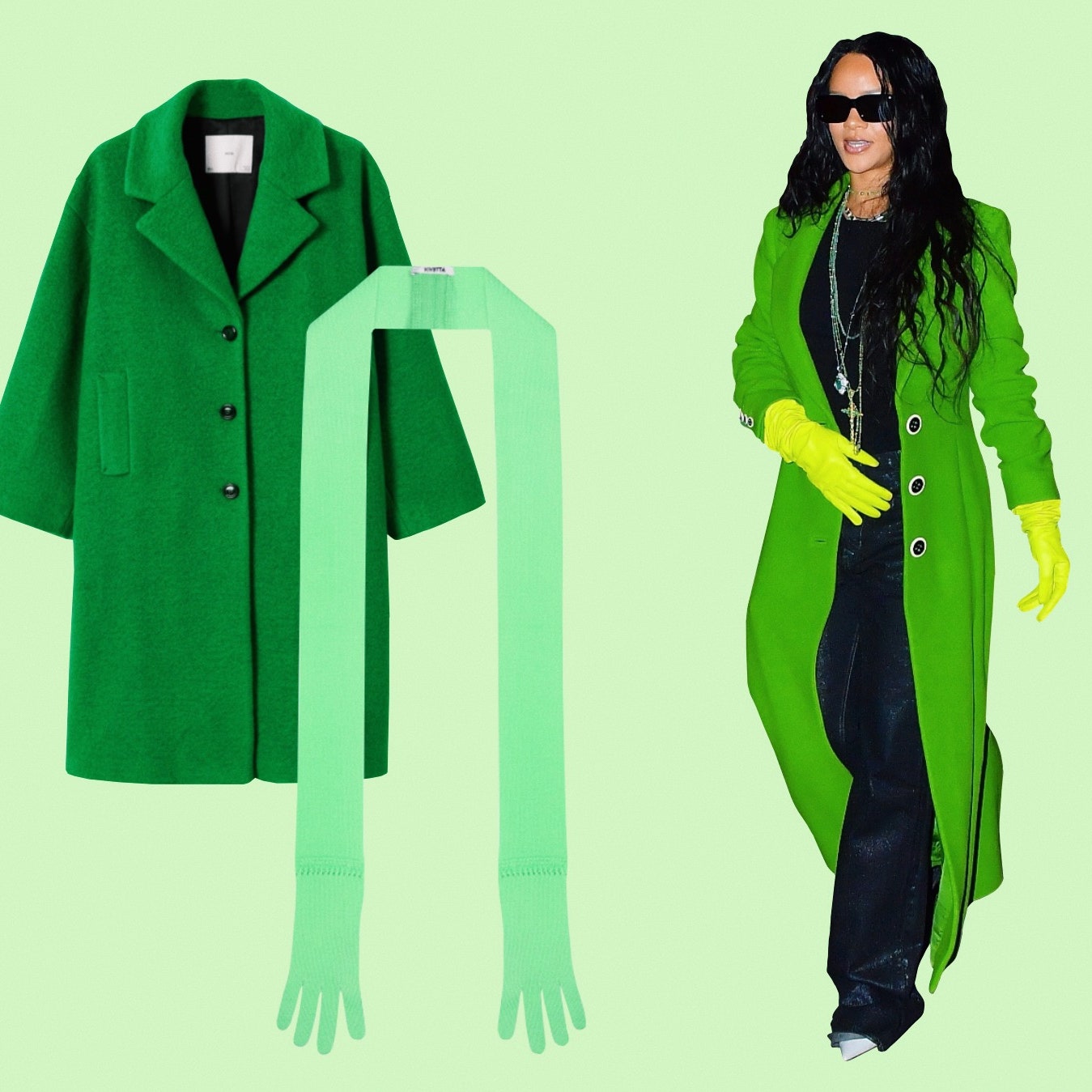 Повторяйте за Рианной &- носите зеленое пальто с зелеными аксессуарами