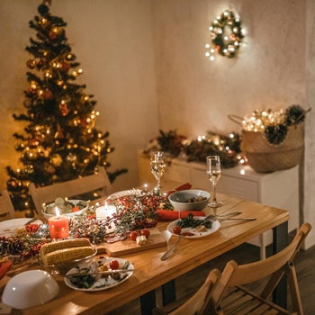 Interior of house set up with food and drinks for Christmas and new year celebration party