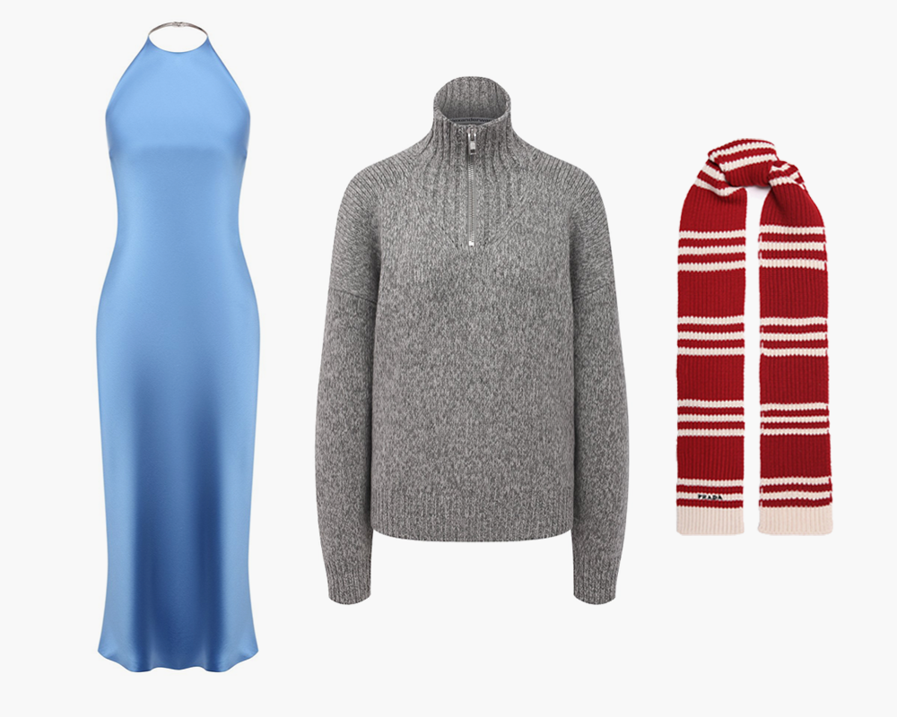 Платье Ralph Lauren 235500 рублей tsum.ru cвитер Alexander Wang 72350 рублей tsum.ru шарф Prada 85000 рублей tsum.ru