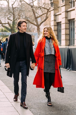Image may contain Clothing Apparel Coat Antoine Arnault Footwear Shoe Natalia Vodianova Human Person and Overcoat